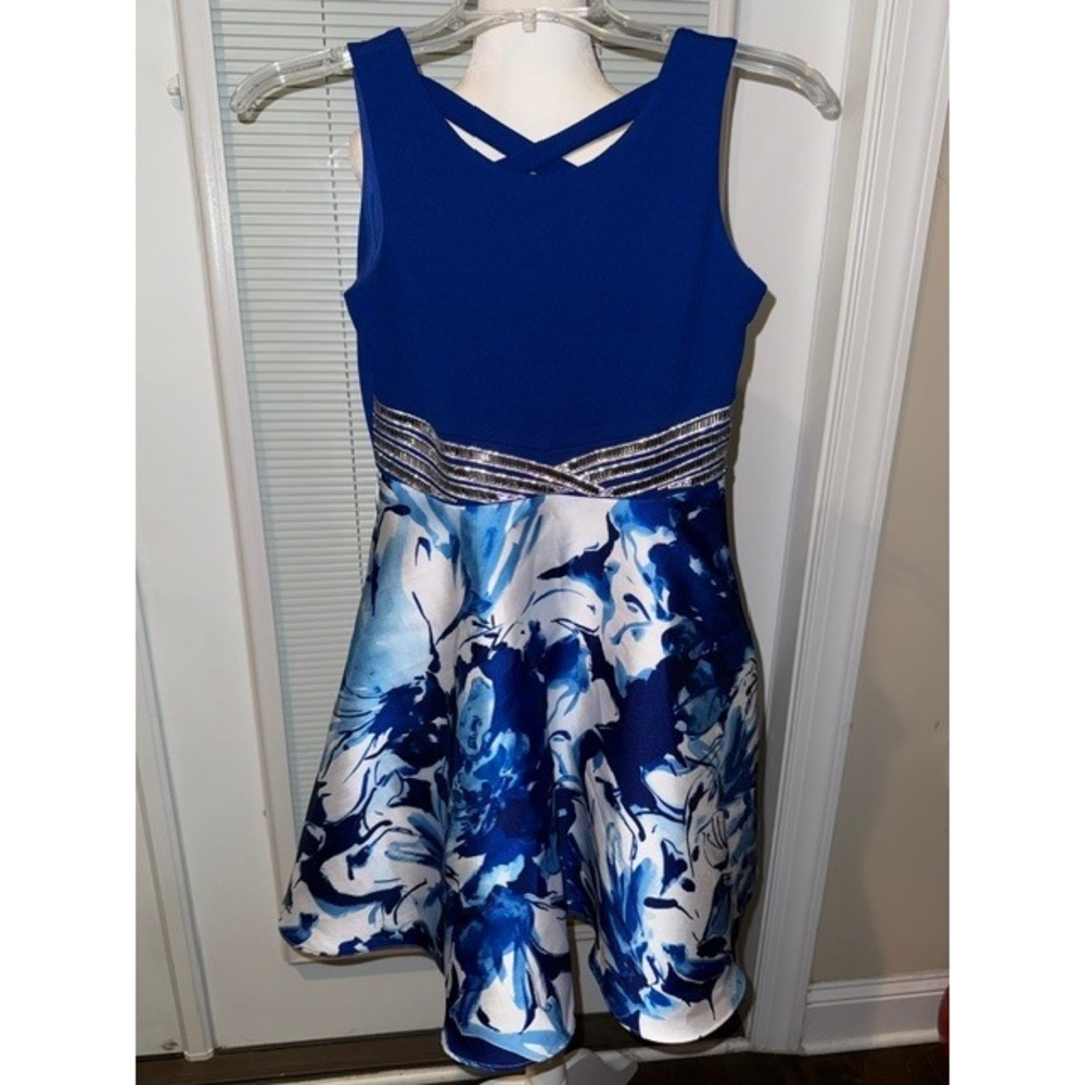 Rare Editions Girls Royal Blue Floral Sequin Waist Fit & Flare Dress Size 12